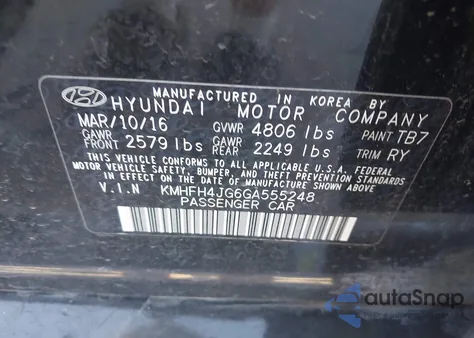 2016 Hyundai Azera Limited z USA, uszkodzony, nr VIN KMHFH4JG6GA555248